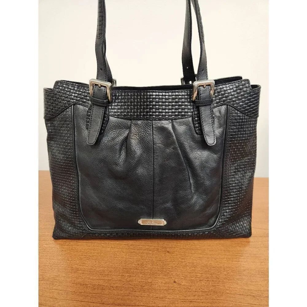 Cole Haan Black Woven and smooth Leather Hobo Bag with silvertone hardware
